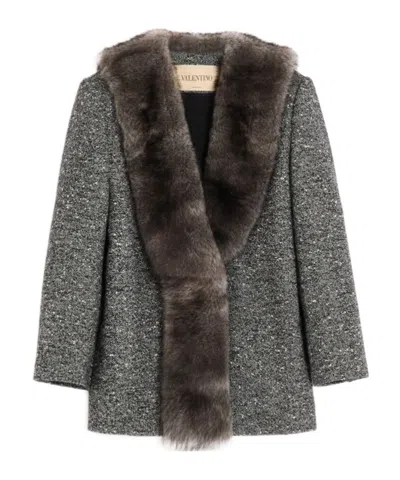 Valentino Long-sleeved Coat With Fur Collar In Gray