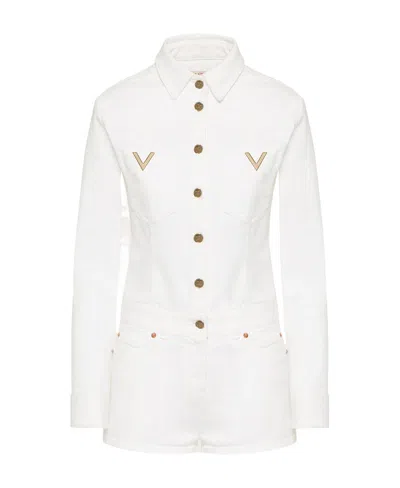 Valentino Long-sleeved Denim Jumpsuit In White
