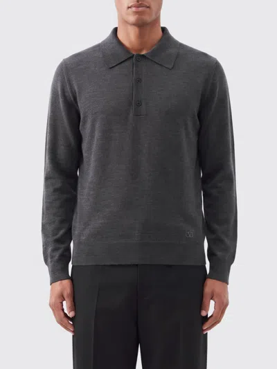 Valentino Long-sleeved Knitted Virgin Wool Polo In Gray