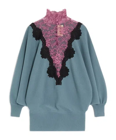 Valentino Lace-trimmed Wool Sweater In Blue