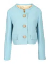 Valentino Womens Bluish Grey Embellished-button Round-neck Woven Jacket