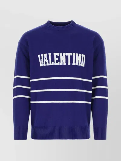 Valentino Loose Fit Wool Sweater With Striped Embroidery In Blue