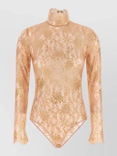 Valentino Lurex Floral Lace High-neck Long-sleeve Bodysuit In Brown