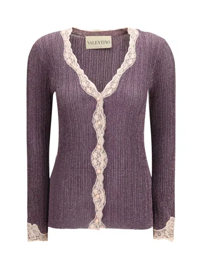 Valentino Lurex Knit Cardigan With Lace In Purple