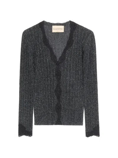 Valentino Lurex Knit Cardigan With Lace In Black