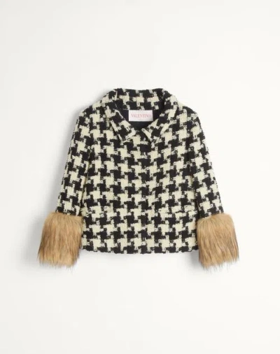 Valentino Faux-fur Macro Houndstooth Tweed Jacket In Beige