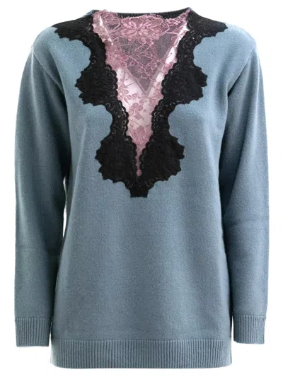 Valentino Maglia In Lana Con Scollo A V E Inserti In Pizzo In Blue