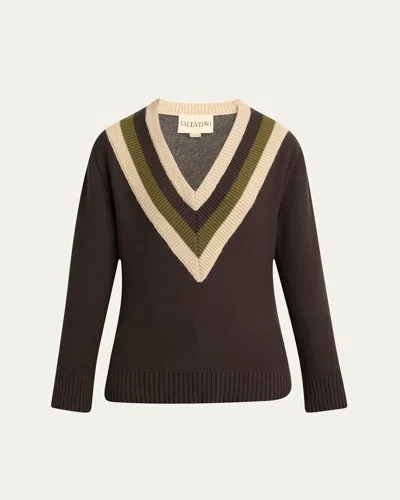 Valentino Maglia Striped Wool Sweater In Brown