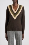 Valentino Virgin Wool Contrast V-neck Sweater In Brown