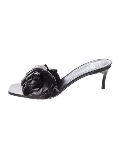 Pre-owned Valentino Garavani Mambo Rose Print Leather Slides In Black