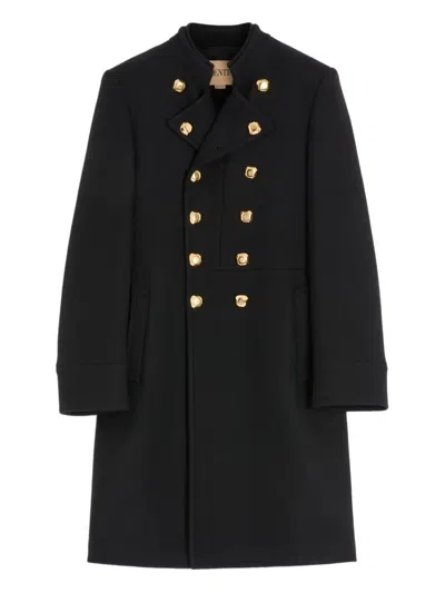 Valentino Mandarin-collar Double-breasted Coat In Black