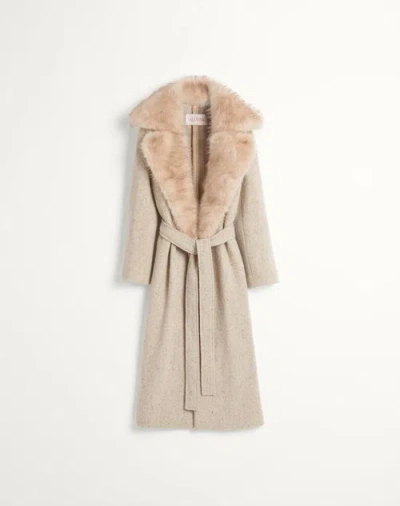 Valentino Belted Faux Fur Collar Wool Coat In Latte