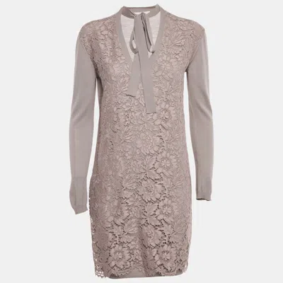 Pre-owned Valentino Mauve Lace And Knit V-neck Sweater Dress S In Gray