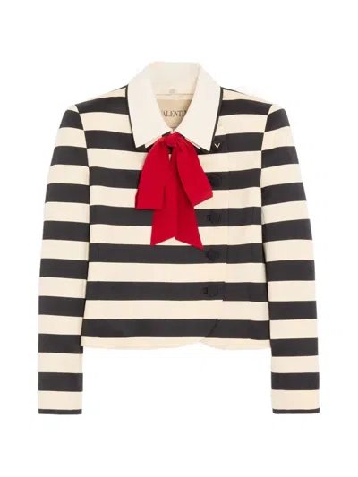 Valentino Striped Jacket Collared Neck Bow Detail In White