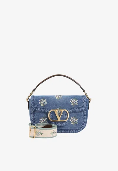 Valentino Garavani Medium Alltime Embroidered Denim Shoulder Bag In Blue