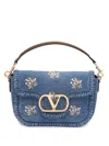 Valentino Alltime Medium Embroidered Denim Shoulder Bag With Embroidered Ribbon Strap In Blue