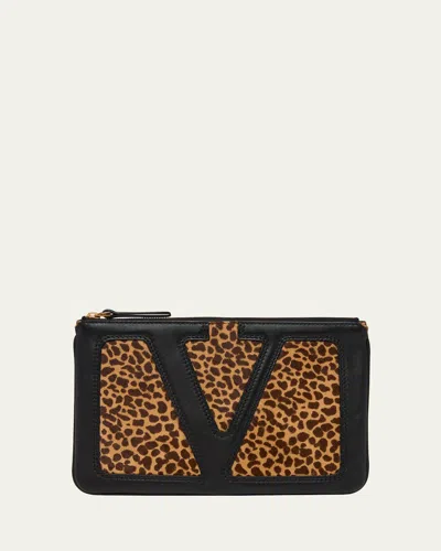 Valentino Garavani Medium Animal-print Calf Hair Flat Pouch Bag In Brown