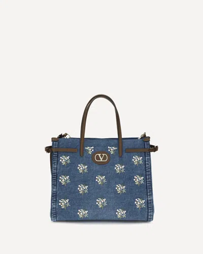 Valentino Garavani Medium Antibes Floral Embroidered Denim Shopping Bag In Blue
