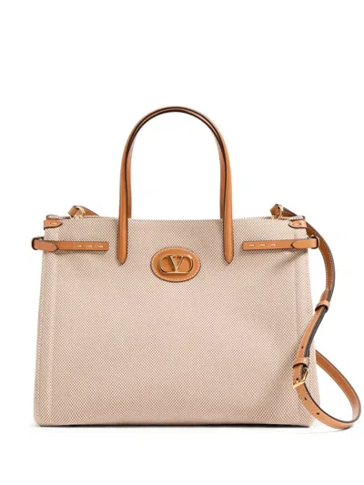 Valentino Garavani Antibes Medium Canvas Shopping Tote Bag In Naturale Tobacco