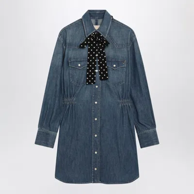 Valentino Medium Blue Denim Dress With Polka-dot Scarf In Yellow