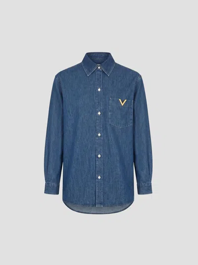 Valentino Medium Blue Denim Solid Shirt In Med Blue Denim