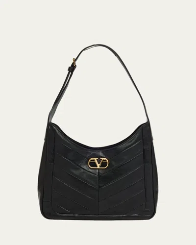 Valentino Garavani Medium Chevron Leather Hobo Bag In Nero