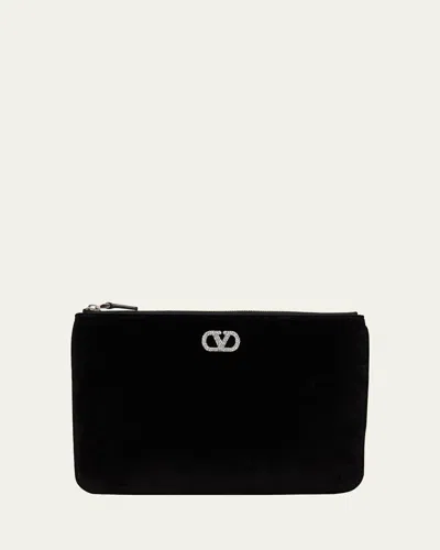 Valentino Garavani Medium Crystal Vlogo Velvety Flat Pouch Bag In Multi