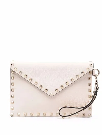 Valentino Garavani Medium Flat Pouch Handbag With Rockstud Detailing In White