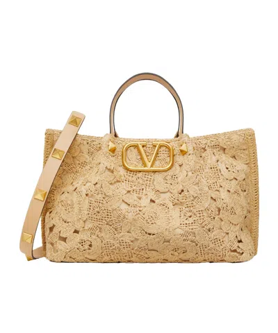 Valentino Garavani Medium Lace-effect Raffia Tote Bag In Neutral
