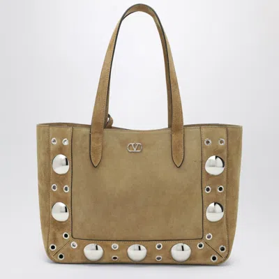 Valentino Garavani Medium Nellcôte Tote Bag In Havana Suede In Sand