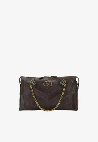 Valentino Garavani Panthea Medium Embellished Patchwork Leather And Suede Shoulder Bag In Brown