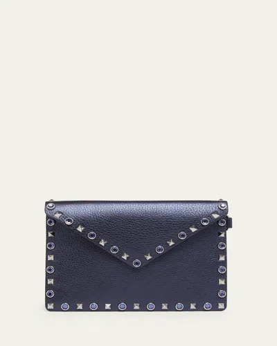 Valentino Garavani Medium Rockstud & Rhinestone Flat Pouch Bag In Blue