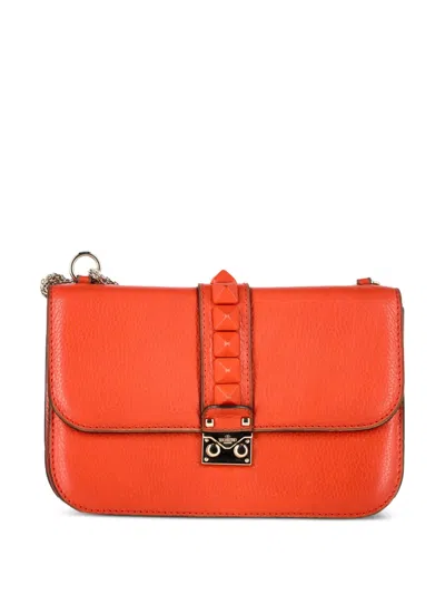 Pre-owned Valentino Garavani Medium Rockstud Glam Chain Flap Shoulder Bag In Orange
