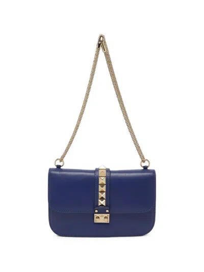 Pre-owned Valentino Garavani Medium Rockstud Glam Lock Tote Bag In Blue
