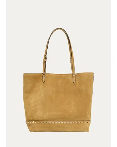 Valentino Garavani Medium Rockstud Suede Tote Bag In Havana Beige