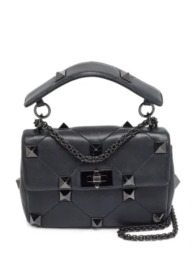 Pre-owned Valentino Garavani Medium Roman Stud Spike Studded Tote Bag In Black