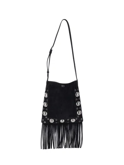 Valentino Garavani Nellcote Medium Fringed Studded Suede Shoulder Bag In Black