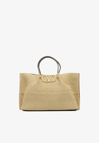 Valentino Garavani Medium Straw Summer Woven Tote Bag In Sand