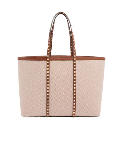 Valentino Garavani Rockstud L Natural Brown Plaid Tote In Multi