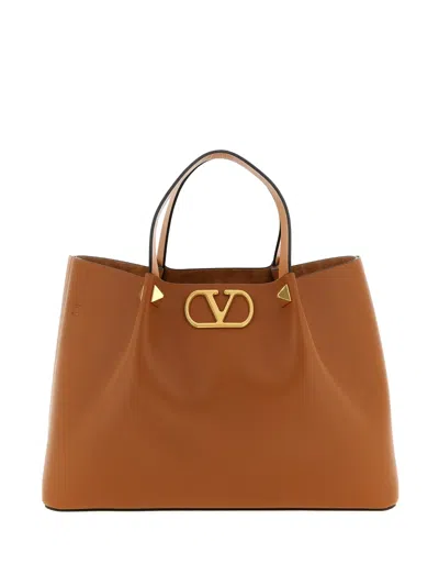 Valentino Garavani Caramel Leather Medium Vlogo Signature Shopping Bag In Brown