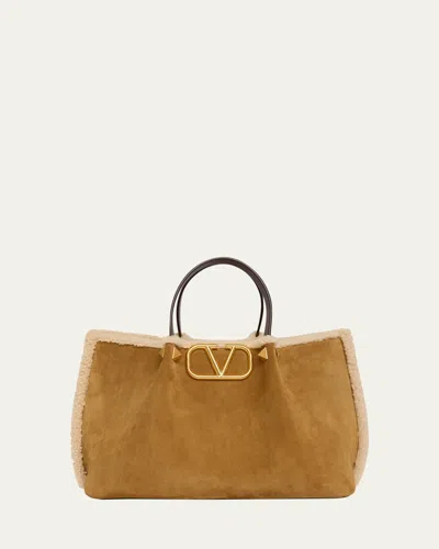 Valentino Garavani Medium Suede Shopping Bag With Shearling Lining In Brown