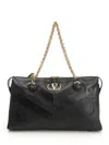Valentino Black Leather Panthea Medium Shoulder Bag In Blue