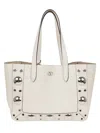 Valentino Garavani Medium Textured Leather Tote With Ball Studs And Signature Logo In White
