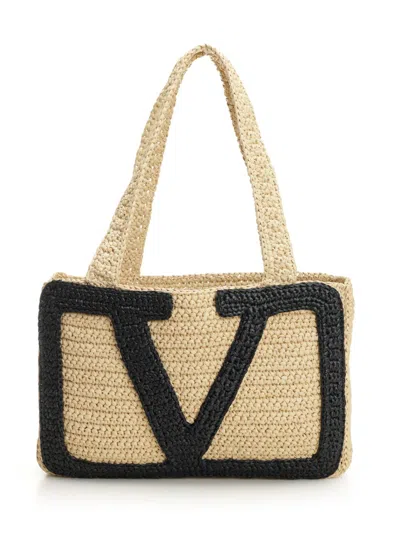 VALENTINO GARAVANI MEDIUM TOTE | VIVA SUPERSTAR CROCHET | CROCHET RAFIA HANDBAGS BEIGE