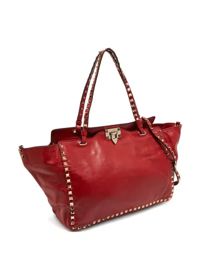 Pre-owned Valentino Garavani Medium Trapeze Rockstud Leather Tote Bag In Red