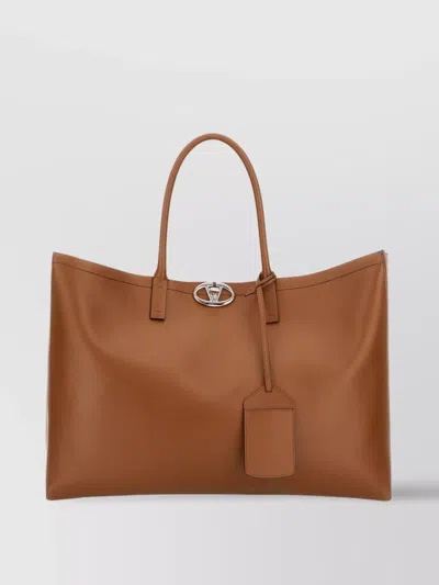 Valentino Garavani Brown Leather Medium Vlogo Locker Shopping Bag In Tabacco