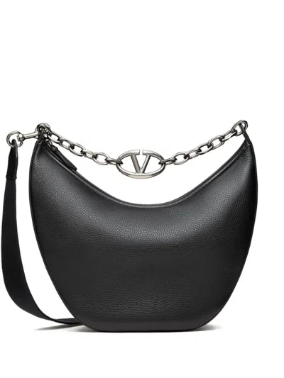 Valentino Garavani Vlogo Moon Medium Grainy Calfskin Hobo Bag With Chain In Noir