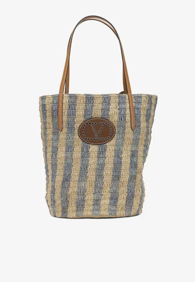 Valentino Garavani Medium Vlogo Raffia Tote Bag In Sand