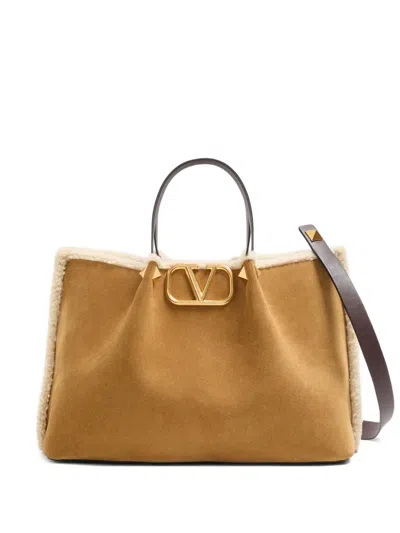 Valentino Garavani Medium Vlogo Signature Suede Tote Bag In Neutral