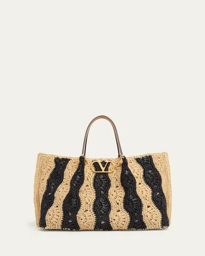 Valentino Garavani Medium Wavy Striped Viscose Raffia Tote Bag In Natural/black